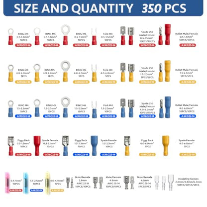 CONLI 350Pcs Crimp Connectors Male and Female Spade Connector 39 Types