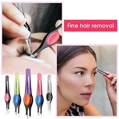 Chumia 5 Pieces Non-Slip Grip Tweezers Slanted Tip Stainless Steel Tweezer Wide Precision Tip Clip Tweezer for Ingrown Hair Eyebrow Shaping Splinter Blackhead Remover (Colorful Rubber Grip)