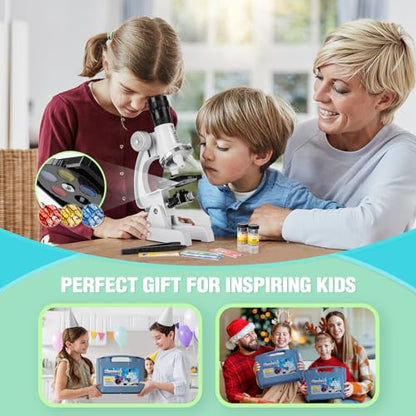 Uarzt Kids Beginner Microscope Science Kit with 100X-1200X, 13 Prepared Slides & DIY Blank Slides, 18MM HD Len, LED Light Adjustable and ABS Box, Microscope for Kids 5-7 8-12 - color: White