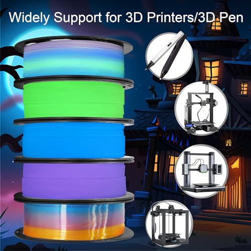 1.75mm PLA 3D Printer Filament Bundle: Glow in Dark Green, Blue, Purple, Rainbow, One Spool Clear Multi Colored Rainbow, Each Spool 250g, Total 1.25Kg 3D Printing Filament, 250g x 5 Spools PLA