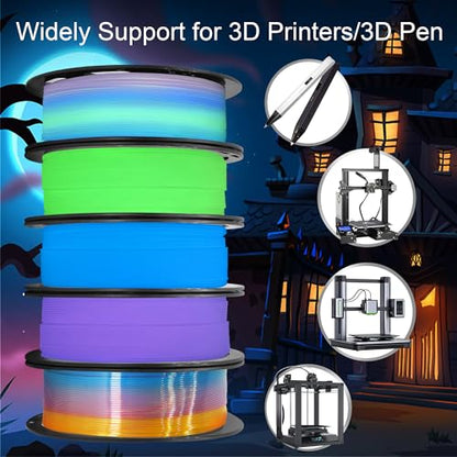 1.75mm PLA 3D Printer Filament Bundle: Glow in Dark Green, Blue, Purple, Rainbow, One Spool Clear Multi Colored Rainbow, Each Spool 250g, Total 1.25Kg 3D Printing Filament, 250g x 5 Spools PLA