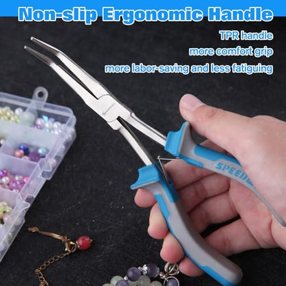 SPEEDWOX Long Reach Bent Needle Nose Pliers with Serrated Jaw Extra Long Nose Precision Wire Looping Pliers Needle Remover Pliers for Hard to Reach Narrow Spaces Jewelry Making Tools Fishing Tools - style: Curved needle nose pliers, serrated jaw