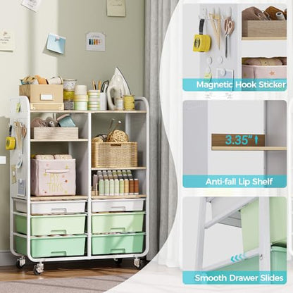 APEXCHASER 6 Drawers Rolling Storage Cabinet with Wood Top& Pegboards Green - color: Green