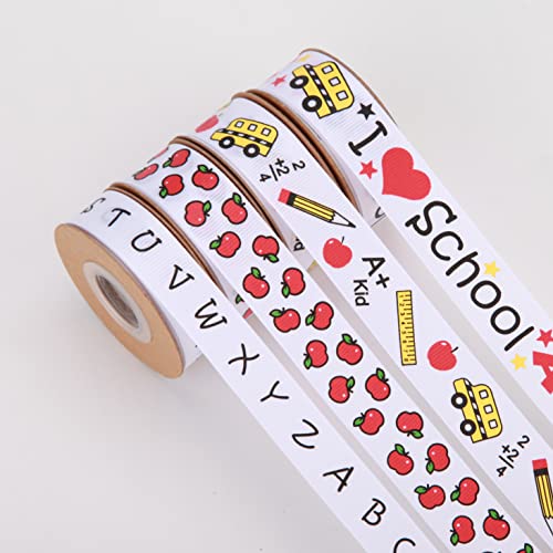 Meseey Back to School Themed Grosgrain Ribbon Ruler School Bus Apple ABC Pencil Backpack Books Chalkboard Printed Craft Ribbons for Teacher Appreciation,Wreath,Gift Wrapping (School Theme Set) - color: School Theme Set