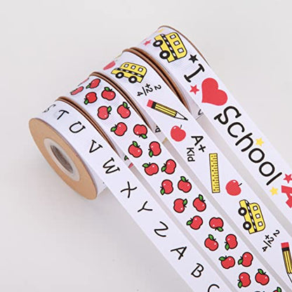Meseey Back to School Themed Grosgrain Ribbon Ruler School Bus Apple ABC Pencil Backpack Books Chalkboard Printed Craft Ribbons for Teacher Appreciation,Wreath,Gift Wrapping (School Theme Set) - color: School Theme Set