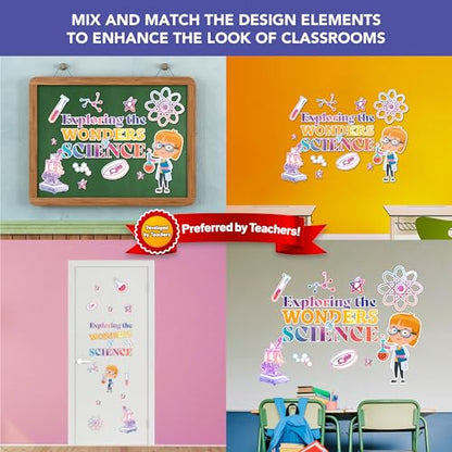 Decorably 17 Pcs Cutouts Inspirational Science Bulletin Board Decorations Set with Borders - Gloss-Laminated Cardstock for Classroom Decor, School Hallways, Education Centers, Homeschool
