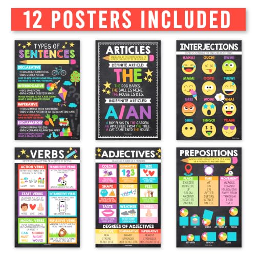 Parts of Speech Posters for Classroom Must Haves, 12 Grammar Posters - color: Chalk Colorful