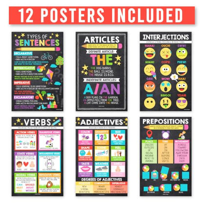 Parts of Speech Posters for Classroom Must Haves, 12 Grammar Posters - color: Chalk Colorful