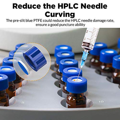 Membrane Solutions 2mL Autosampler Vials, 9-425 GC/HPLC Vials, 100 Pcs - size: Amber Vial & Pre-slit Blue PTFE septa