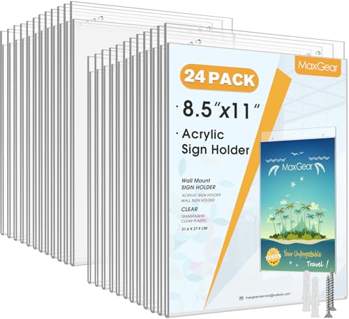 MaxGear Acrylic Wall Mount Sign Holder, 8.5 x 11 Vertical, 24 Pack - size: 8.5"x11"-24Pack
