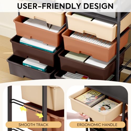APEXCHASER Rolling Storage Cart with 8 Large Drawers, Wooden Tabletop - color: Brown