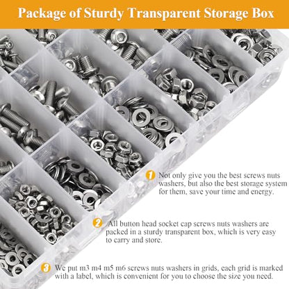 815 Pieces M3 M4 M5 M6 Button Head Socket Cap Screws Nuts Washers Assortment Kit, Metric Screw Assortment with Hex Wrenches, 304 Stainless Steel, Fully Threaded - size: M3M4M5M6 (815 Pieces), style: Button Head