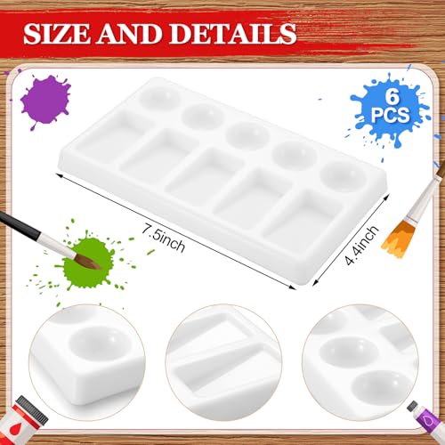 Humyoun 6 Pcs 10-Well Plastic Paint Palette Rectangular Paint Mixing Palette White Watercolor Mixing Tray Art Trays for Art Party Students Classroom Oil Watercolor DIY Craft