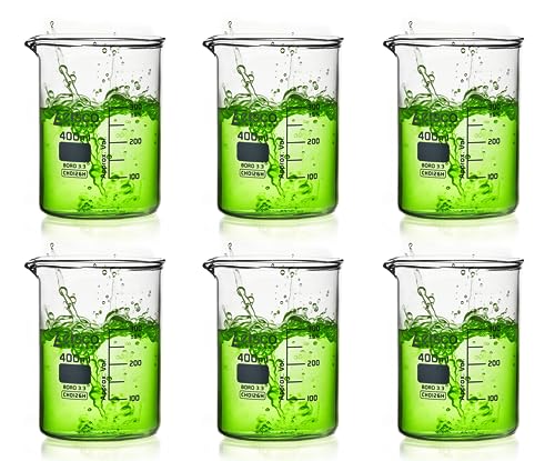 EISCO 6PK Beakers, 400ml - Griffin Style, Low Form with Spout - White, 50ml Graduations - Borosilicate 3.3 Glass