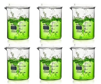 EISCO 6PK Beakers, 400ml - Griffin Style, Low Form with Spout - White, 50ml Graduations - Borosilicate 3.3 Glass