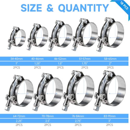 18 Pack 9 Size T Bolt Hose Clamps Assortment 1-3/16-3 Inch 34-91mm, Stainless Steel Heavy Duty Clamp Kit for Car Diesel Truck ATV Marine Turbo Intercooler Radiator - size: 18Pcs-9Size