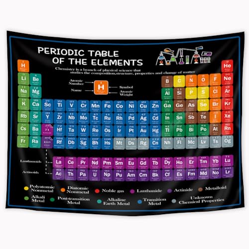 Riyidecor Periodic Table Tapestry 91WX71L Inch Chemistry Elements Educational Scientific Teachers School Student Cool Aesthetic Practical Family Cute Symbols Wall Hanging Living Room Bedroom Decor - color: 01Black, size: 71"L x 91"W