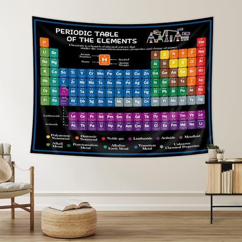 Riyidecor Periodic Table Tapestry 59WX51L Inch Chemistry Elements Educational Scientific Teachers School Student Cool Aesthetic Practical Family Cute Symbols Wall Hanging Living Room Bedroom Decor - color: 01Black, size: 51"L x 59"W
