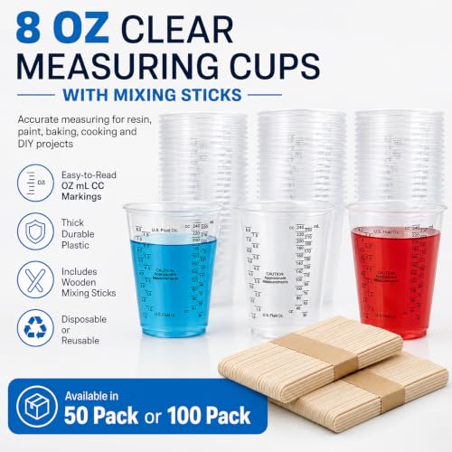 Taeku Plastic Measuring Cups with Mixing Sticks, 8 oz Clear Cup, 50 Pack