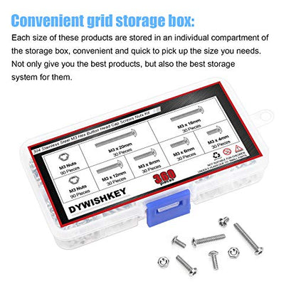 DYWISHKEY 360 Pieces M3 x 4mm/6mm/8mm/12mm/16mm/20mm Stainless Steel 304 Hex Button Head Cap Bolts Screws and Nuts Kit