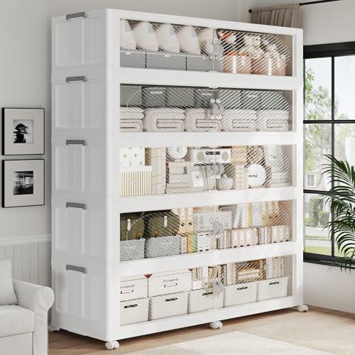 1600QT Extra Large Stackable Storage Bins with Lid, 400Gal Plastic Closet Organizers and Storage Drawer, Collapsible Cabinet Box with Wheels Clear Doors for Home Kitchen Garage, 5Pack White - color: White, size: 320QT-5Pack
