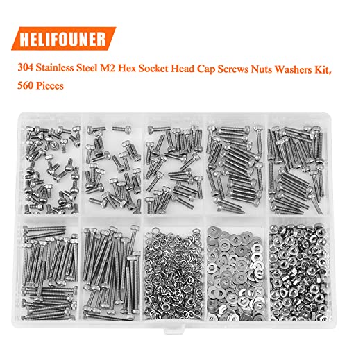 HELIFOUNER 560 Pieces M2 x 4mm /6mm /8mm /10mm /12mm /16mm /20mm, Hex Socket Head Cap Screws Bolts Washers Nuts Kit, 304 Stainless Steel - size: M2, style: Hex Socket Head Cap