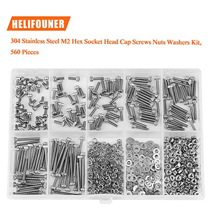 HELIFOUNER 560 Pieces M2 x 4mm /6mm /8mm /10mm /12mm /16mm /20mm, Hex Socket Head Cap Screws Bolts Washers Nuts Kit, 304 Stainless Steel - size: M2, style: Hex Socket Head Cap