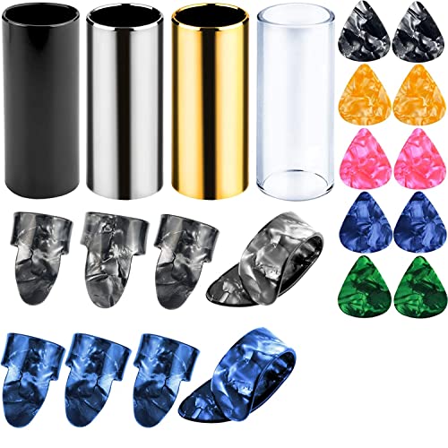 Augshy 4 Pieces Medium Guitar Slides for Acoustic,Stainless Stell Guitar Slides for Electric,Glass Guitar Slide and 8 Pieces Plastic Thumb & Finger Picks Guitar Accessories - color: Multicolor 1