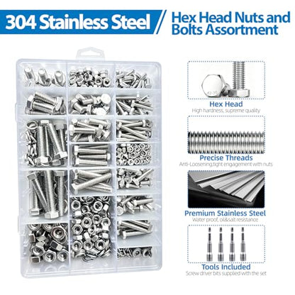 520pcs M4 M5 M6 M8 Hex Bolts and Nuts Assortment Kit, 4 Most Popular Sizes 304 Stainless Steel Assorted Metric Screws, Nuts and Flat & Lock Washers,Length 10-40mm with 4 Screw Driver bits - size: M4 M5 M6 M8