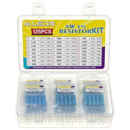 5W Metal Film Resistor Kit from 1 Ohm to 1M Ohm 25 Values 5 Watt 1% Resistors Assortment - style: 5W