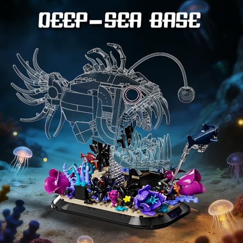 Mechanical Fishing Fish Building Set, 1010pcs Deep Sea Monster Block Models with Coral Base, Steampunk Ocean Animal Building Toys, Suitable for Boys and Girls 8+Home Office Decoration