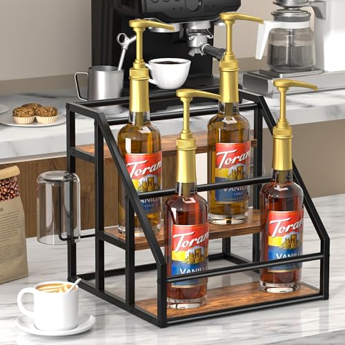 Coffee Syrup Rack Organizer, Spice Racks, Syrup Bottle Holder Stand for Coffee Bar, 3-Tier 12 Bottles Storage Shelves for Syrup, Wine, Dressing for Kitchen Countertop, Rustic Brown & Black - color: Rustic Brown, size: 3-Tier (12 Bottles)