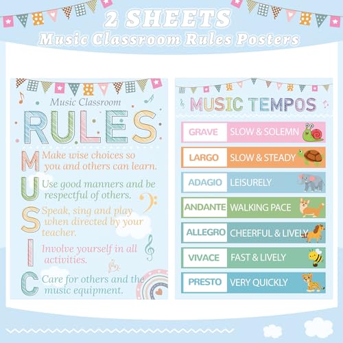 Music Classroom Rules Posters Set of 2 for Classroom Decorations, Back to School Music Class Rule Poster Wall Decor for Primary Middle High School Teacher Must Haves Supplies - 14 4/5" x 10 1/2" - style: Music