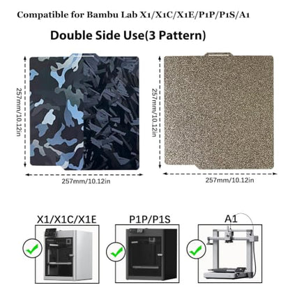 2pcs with 3 Patterns Smooth Camouflage+High Rise Build Plate and Textured PEI Sheet 257x257mm, Double Sided Flexible 3D Printer Platform for Bambu Lab X2D/A1/X1/X1C/X1E/P1P/P1S 3D Printers - color: GLMC&PEI(2PC)