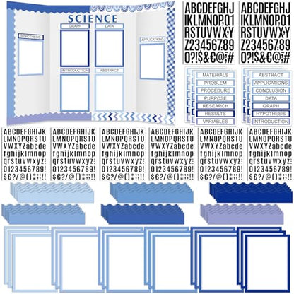 Sinload 92 Pcs Science Fair Board Supplies 60 Trim Scalloped Poster Boards 18 Presentation Subtitles 6 Project Titles 8 Letter Sticker for Classroom Display Boards(Blue Tone,Wave) - color: Blue Tone, style: Wave