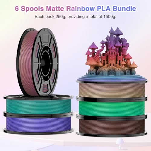 Matte Rainbow PLA 3D Printer Filament Bundle, 1.75 ±0.03mm, 6×250g - color: 6×250g Matte Rainbow