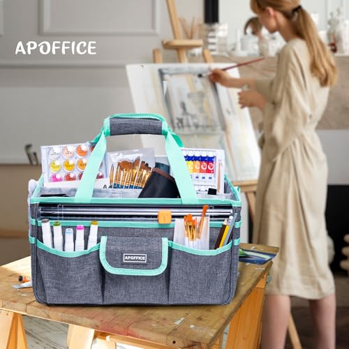APOFFICE Art Supply Organizer Tote Bag,Large Craft Bag Utility Storage Tote - color: Grey-Teal, size: Large-14.5"