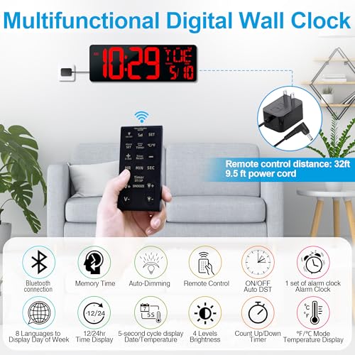 17.2" Large Digital Wall Clock Bluetooth Auto Sync Time Big Timer Red - color: Red&black Shell