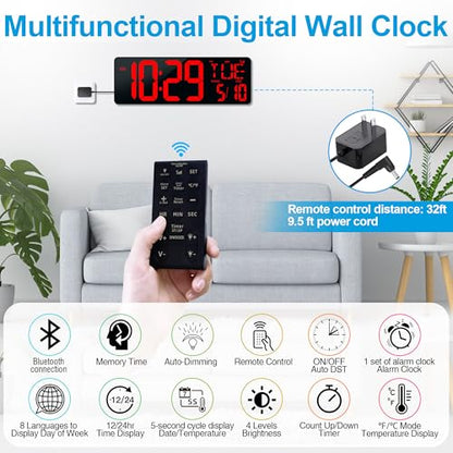 17.2" Large Digital Wall Clock Bluetooth Auto Sync Time Big Timer Red - color: Red&black Shell