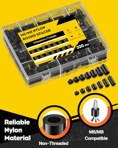 Vibit 320 Pcs M6/M8 Nylon Spacers for Screws, ID 6 mm/8 mm & OD 11 mm/14 mm, 7 Lengths – 5 mm 8 mm 10 mm 12 mm 15 mm 20 mm 25 mm, Non-Threaded Plastic Spacers Round Spacers for M6 M8 Screws, Black - size: M6/M8,320PCS
