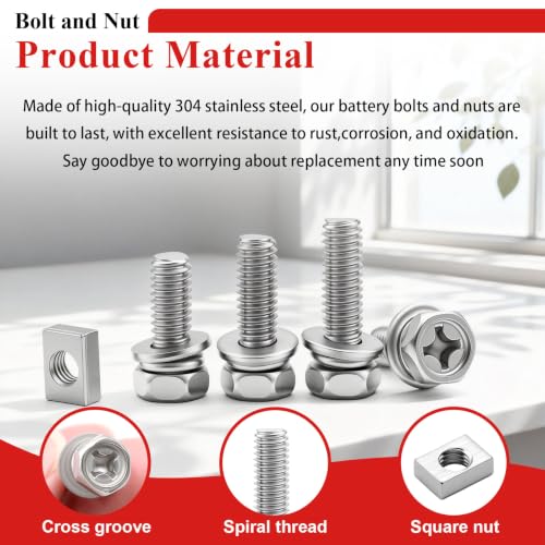 Tnisesm 72PCS M5 & M6 Motorcycle Battery Terminal Bolts and Nuts Kit Stainless Steel M5x10/12/14mm & M6x12/16/20mm Bolts with Rectangular Nuts for ATV Generator Battery Terminal Replacement - size: M5&M6-72PCS