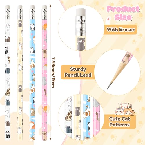 Xqumoi 60Pcs Cat Pencils with Erasers - Kawaii Cat Themed #2 HB Wooden Cute Pencils in Bulk Birthday Party Favors Classroom Student Rewards Goodie Bag Fillers Stuffers Back to School Gift - style: Cat