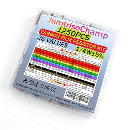25 Values 1250pcs Resistor Kit 1 Ohm to 1M Ohm 1/4W ±5%