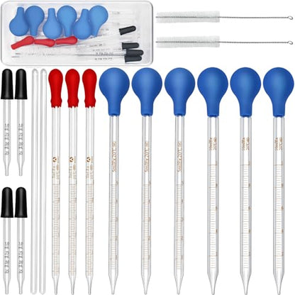 Artcome 17PC Glass Dropper Set - Pipettes Graduated Lab Dropper (1ml 3ml 5ml 10ml), Glass Stir Rods - Borosilicate Glass, Clear Scales for Essential Oils, Science Experiments, Liquid Transfer - size: 17 pcs