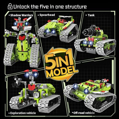5 in 1 STEM Robot Building Kit, APP & Remote Control Interstellar Building Robot, DIY Robotics Building Toys/RC Car/Tank with Light, Space Building Toy Gifts for Boys Girls Kids 8-16 Science Learning