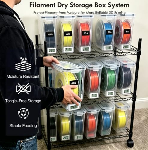 3D Printer Filament Storage Box, 4 Pack Airtight Filament Filament Dryer with Desiccant & Hygrometer, 4L Spool Holder for 1kg Filament Spools, Moisture Control Storage with Labels for PLA PETG ABS