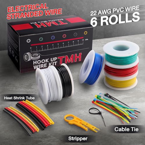 TMH 22 AWG “Stranded” Hookup Wire Kit, 6 Color Electrical Wires (25ft Each), Tinned Copper, 300V PVC Insulation – DIY Projects, Automotive, STEM & Electronics Repair - size: Stranded Wire - 25ft
