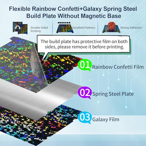 IdeaFormer-3D Rainbow Confetti PEF+Galaxy PEY Build Plate for Creality K1 Max/Ender 3 V3 Plus, Flexible Smooth PEF PEY Bed Plate K1 Max Holographic Plate Without Magnetic Plate 310x315mm - color: Confetti PEF+Galaxy PEY
