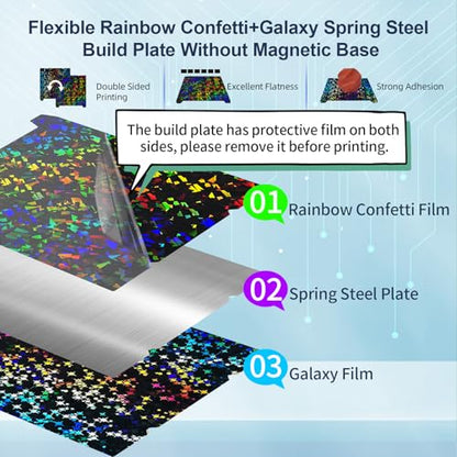 IdeaFormer-3D Rainbow Confetti PEF+Galaxy PEY Build Plate for Creality K1 Max/Ender 3 V3 Plus, Flexible Smooth PEF PEY Bed Plate K1 Max Holographic Plate Without Magnetic Plate 310x315mm - color: Confetti PEF+Galaxy PEY