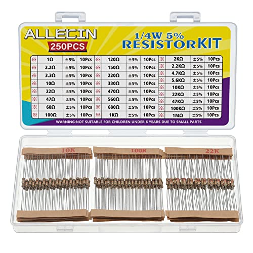 25 Values 1/4W Resistor Kit from 1 Ohm to 1M Ohm 1/4 Watt 5% Carbon Film Resistors Assortment - size: 1/4W